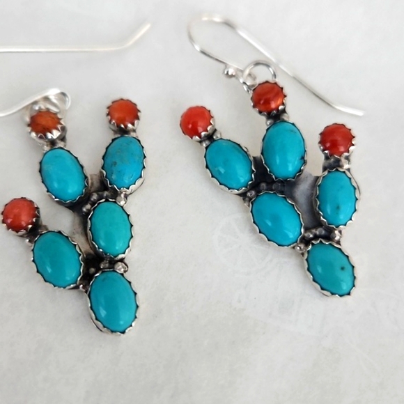 NWT Native American Navajo Turquoise Cactus Dangle Earrings 🩵🌵🧡 - Picture 6 of 12